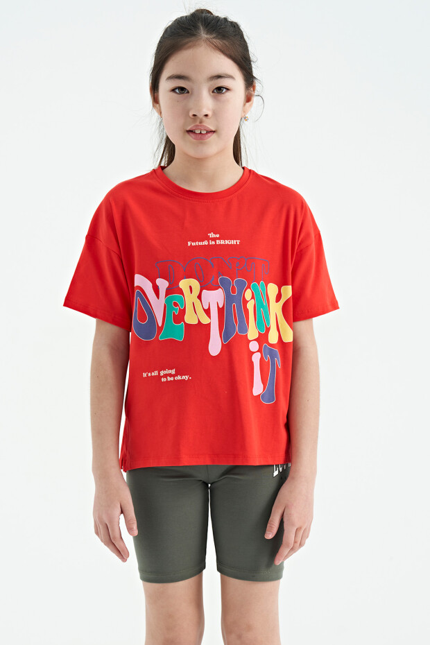 Fiesta Renki Yazı Baskılı O Yaka Oversize Kısa Kollu Kız Çocuk T-Shirt - 75112