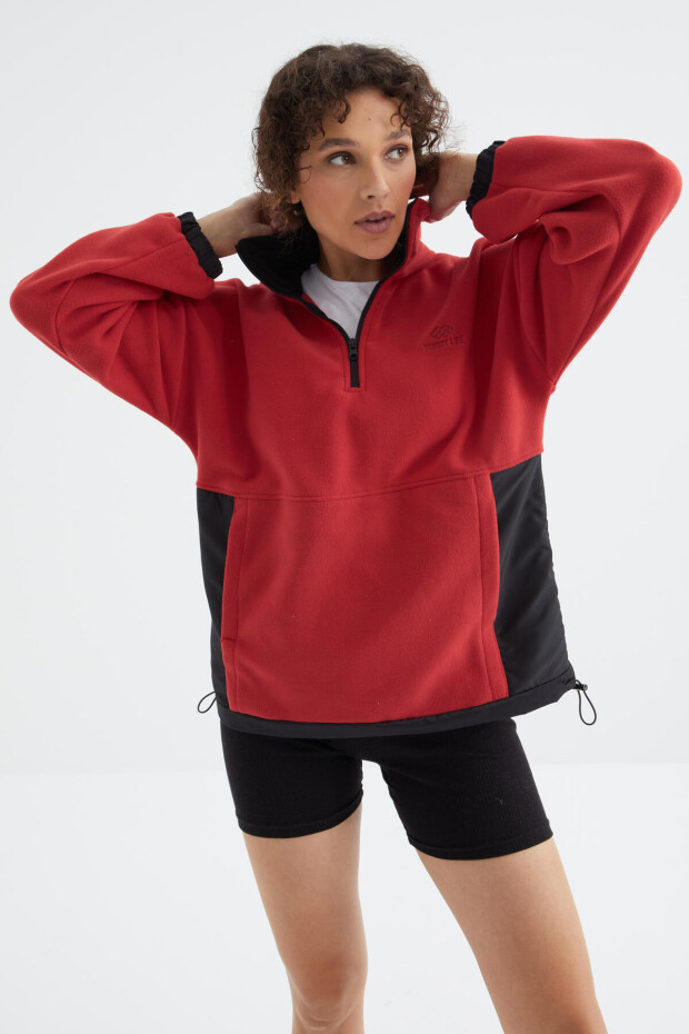 Fiesta Yarım Fermuar Etek Ucu Büzgülü Dik Yaka Oversize Kadın Polar Sweatshirt - 97236 - 2