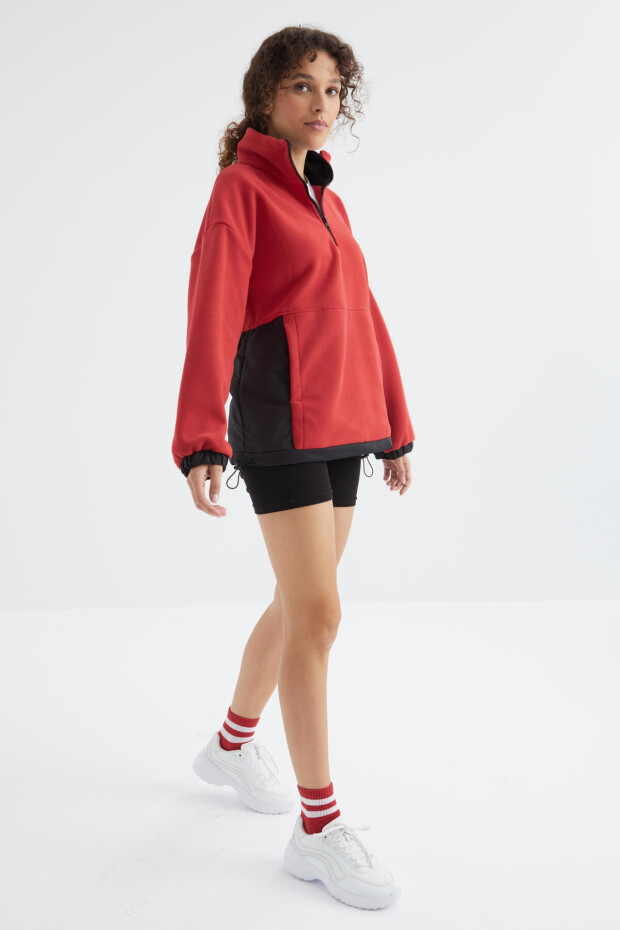 Fiesta Yarım Fermuar Etek Ucu Büzgülü Dik Yaka Oversize Kadın Polar Sweatshirt - 97236 - 6