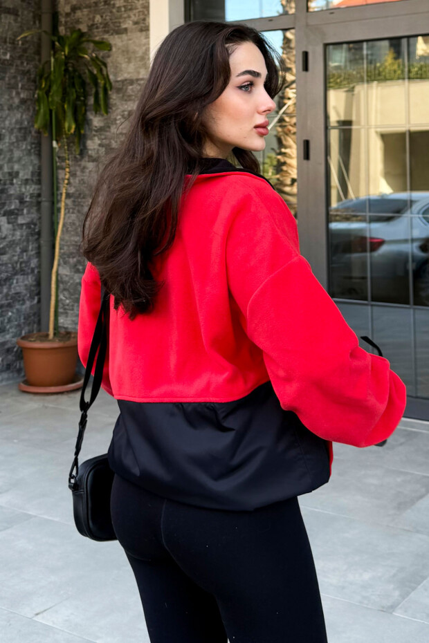 Fiesta Yarım Fermuar Etek Ucu Büzgülü Dik Yaka Oversize Kadın Polar Sweatshirt - 97236 - 5