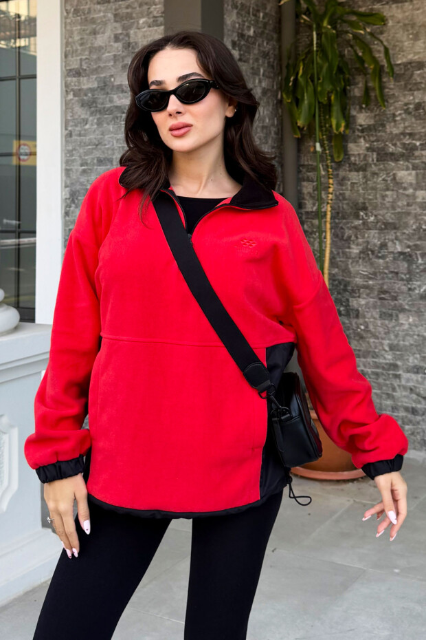 Fiesta Yarım Fermuar Etek Ucu Büzgülü Dik Yaka Oversize Kadın Polar Sweatshirt - 97236 - 3