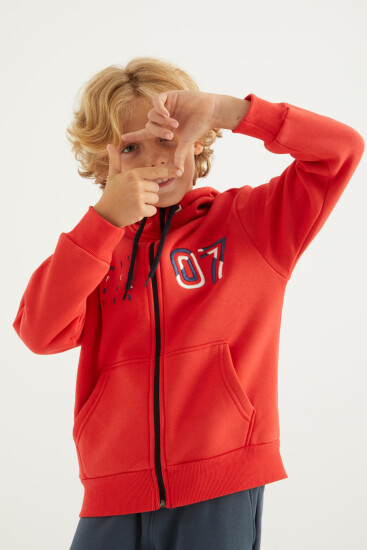 Fiesta Yazı Nakışlı Kapüşonlu Standart Kalıp Fermuarlı Erkek Çocuk Sweatshirt - 11019 