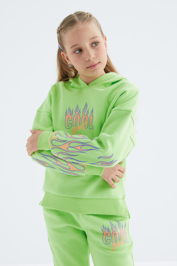 Fıstık Yeşil Baskı Detaylı Kapüşonlu Oversıze Kız Çocuk Eşofman Takım - 75098