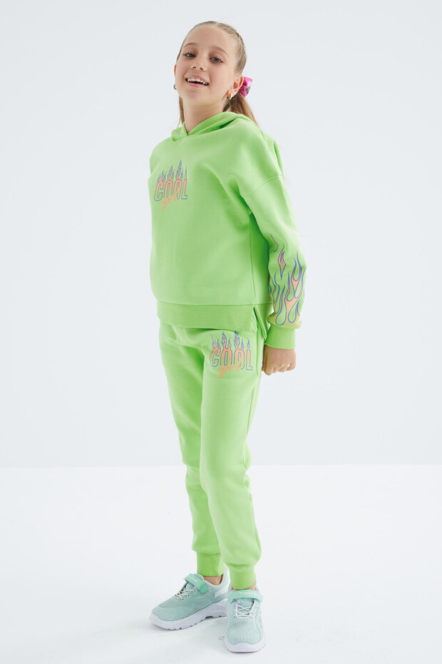 Fıstık Yeşil Baskı Detaylı Kapüşonlu Oversıze Kız Çocuk Eşofman Takım - 75098