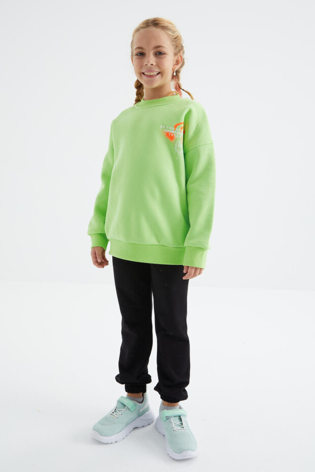 Fıstık Yeşil Baskı Detaylı O Yaka Kız Çocuk Sweatshirt - 75095