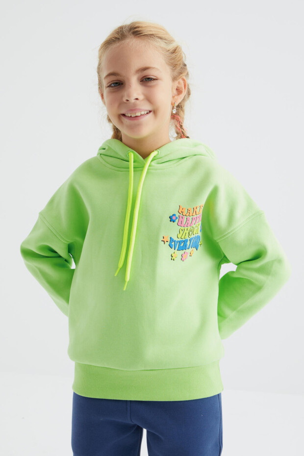 Fıstık Yeşil Ön Ve Sırt Yazı Baskılı Kapüşonlu Oversize Kız Çocuk Sweatshirt - 75092