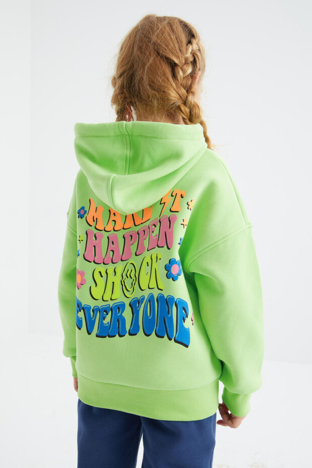 Fıstık Yeşil Ön Ve Sırt Yazı Baskılı Kapüşonlu Oversize Kız Çocuk Sweatshirt - 75092