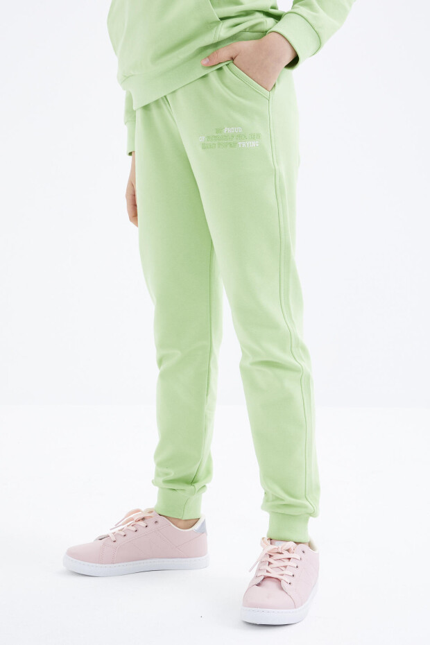 Fıstık Yeşil Yazı Nakışlı Kapüşonlu Basic Rahat Form Kız Çocuk Eşofman Takım - 75055