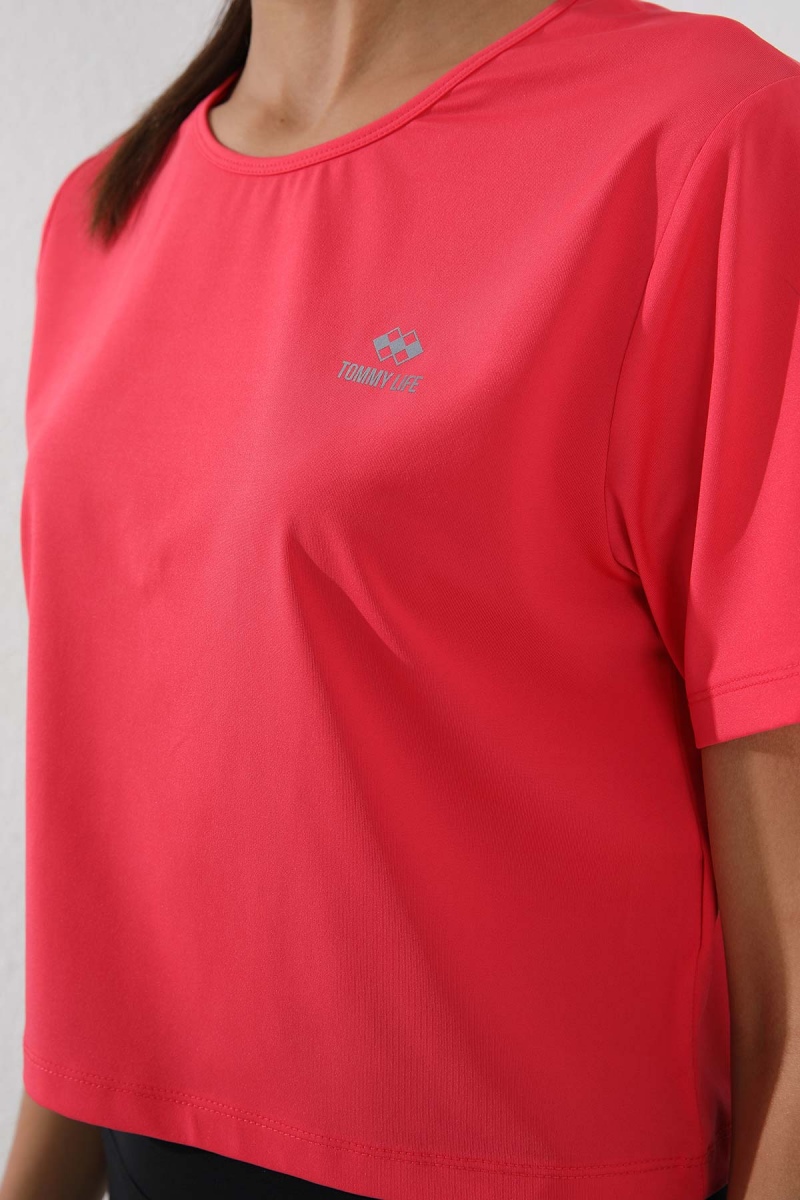 Fuşya Basic Kısa Kol Standart Kalıp O Yaka Kadın Crop Top T-Shirt - 97143