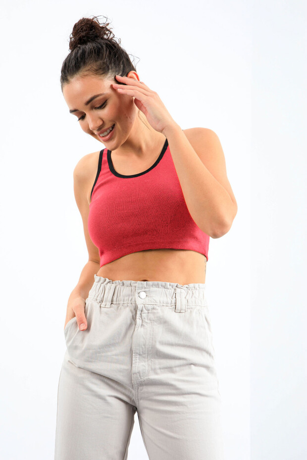 Fuşya Basic Sıfır Kol Dar Kalıp U Yaka Kadın Crop Top Atlet - 97162 - 2