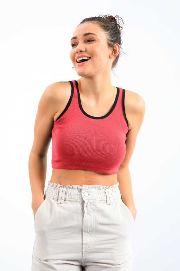 Fuşya Basic Sıfır Kol Dar Kalıp U Yaka Kadın Crop Top Atlet - 97162 - 1
