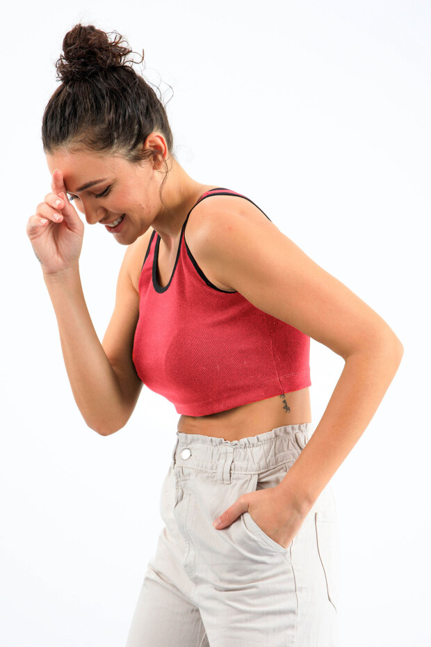 Fuşya Basic Sıfır Kol Dar Kalıp U Yaka Kadın Crop Top Atlet - 97162 - 4