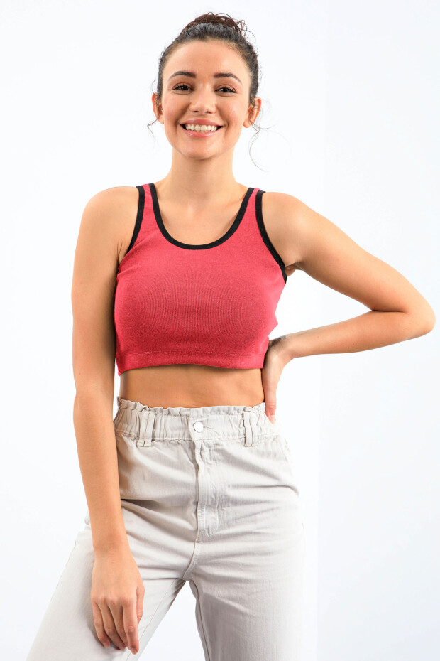 Fuşya Basic Sıfır Kol Dar Kalıp U Yaka Kadın Crop Top Atlet - 97162 - 5