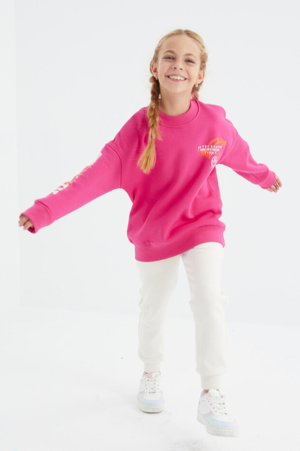 Fuşya Baskı Detaylı O Yaka Kız Çocuk Sweatshirt - 75095