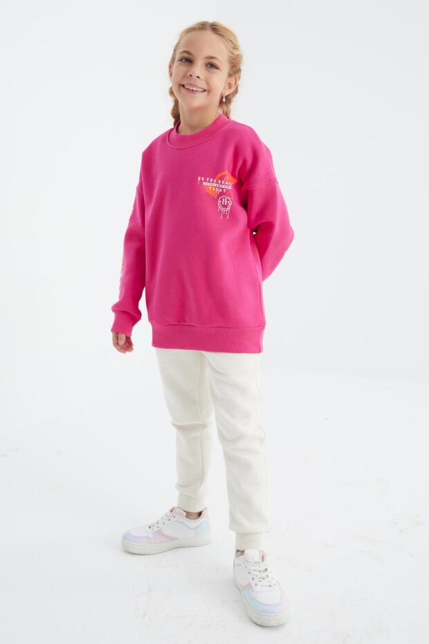 Fuşya Baskı Detaylı O Yaka Kız Çocuk Sweatshirt - 75095