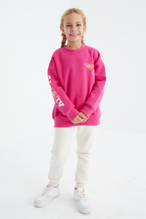 Fuşya Baskı Detaylı O Yaka Kız Çocuk Sweatshirt - 75095