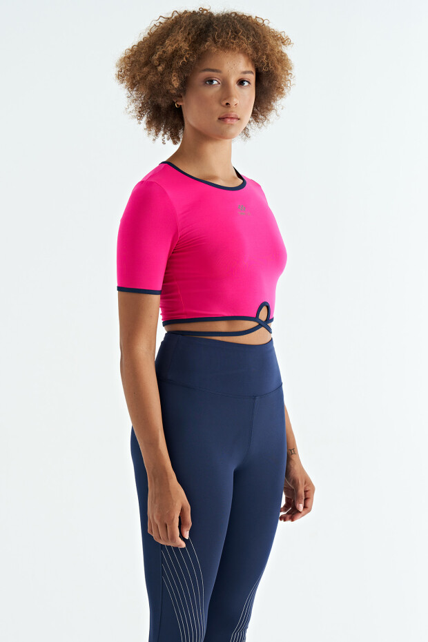 Fuşya Bel Bağlama Detaylı O Yaka Standart Kalıp Dalgıç Kumaş Kadın Crop T-Shirt - 97266 - 3