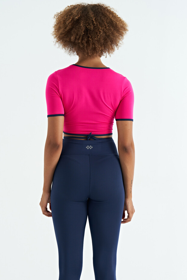 Fuşya Bel Bağlama Detaylı O Yaka Standart Kalıp Dalgıç Kumaş Kadın Crop T-Shirt - 97266 - 4