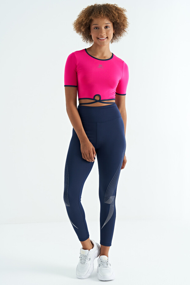 Fuşya Bel Bağlama Detaylı O Yaka Standart Kalıp Dalgıç Kumaş Kadın Crop T-Shirt - 97266 - 5
