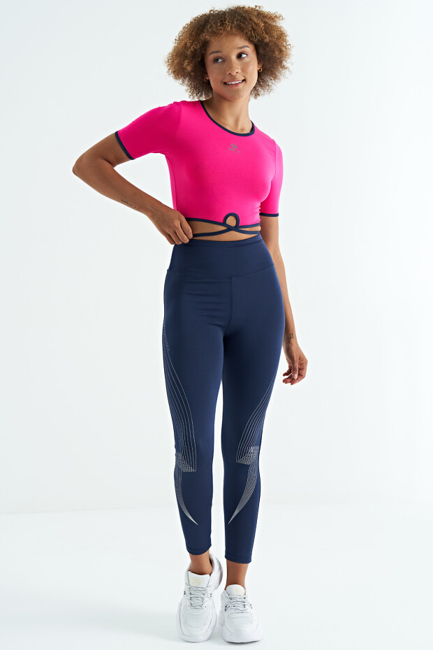 Fuşya Bel Bağlama Detaylı O Yaka Standart Kalıp Dalgıç Kumaş Kadın Crop T-Shirt - 97266 - 1