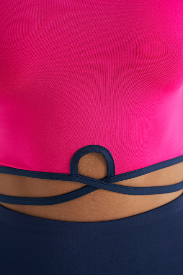 Fuşya Bel Bağlama Detaylı O Yaka Standart Kalıp Dalgıç Kumaş Kadın Crop T-Shirt - 97266 - 8