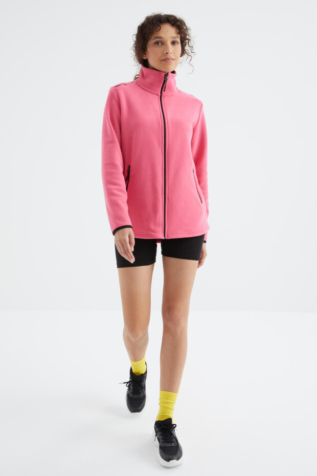 Fuşya Dik Yaka Fermuarlı Rahat Form Kadın Polar Sweatshirt - 97173