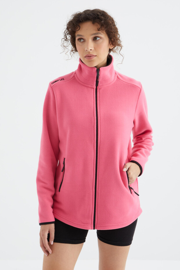 Fuşya Dik Yaka Fermuarlı Rahat Form Kadın Polar Sweatshirt - 97173 - 5