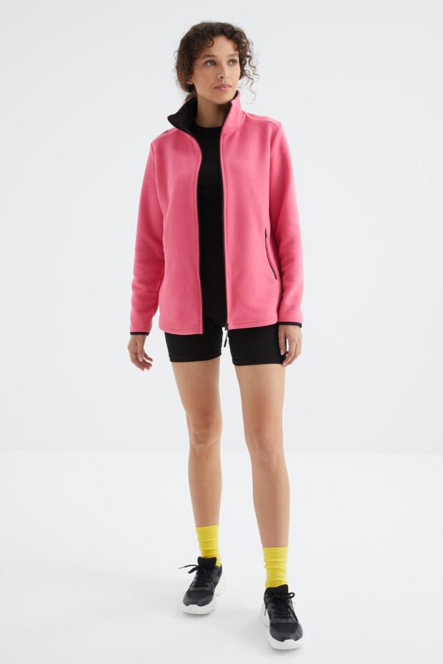 Fuşya Dik Yaka Fermuarlı Rahat Form Kadın Polar Sweatshirt - 97173 - 4
