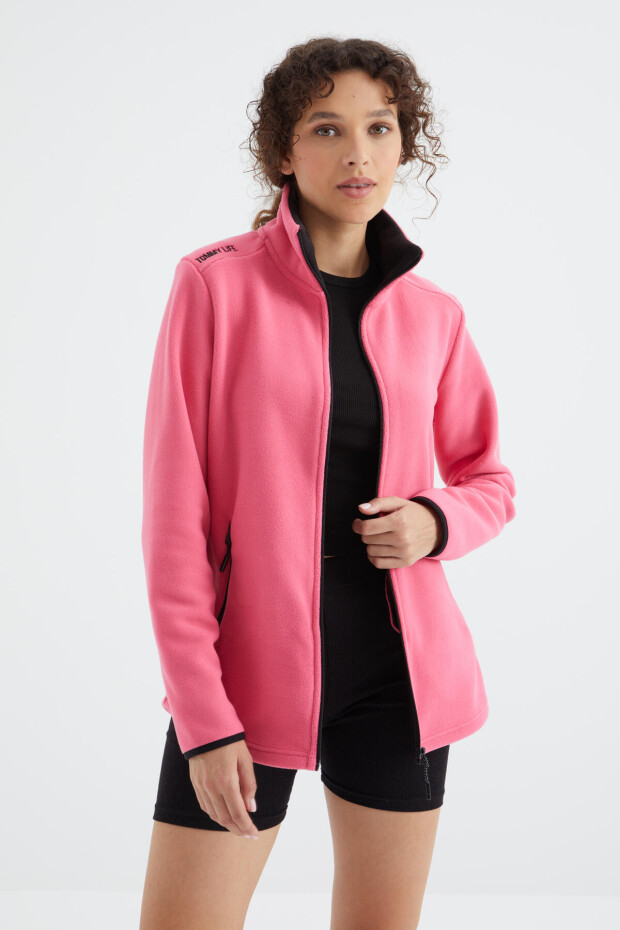 Fuşya Dik Yaka Fermuarlı Rahat Form Kadın Polar Sweatshirt - 97173 - 7