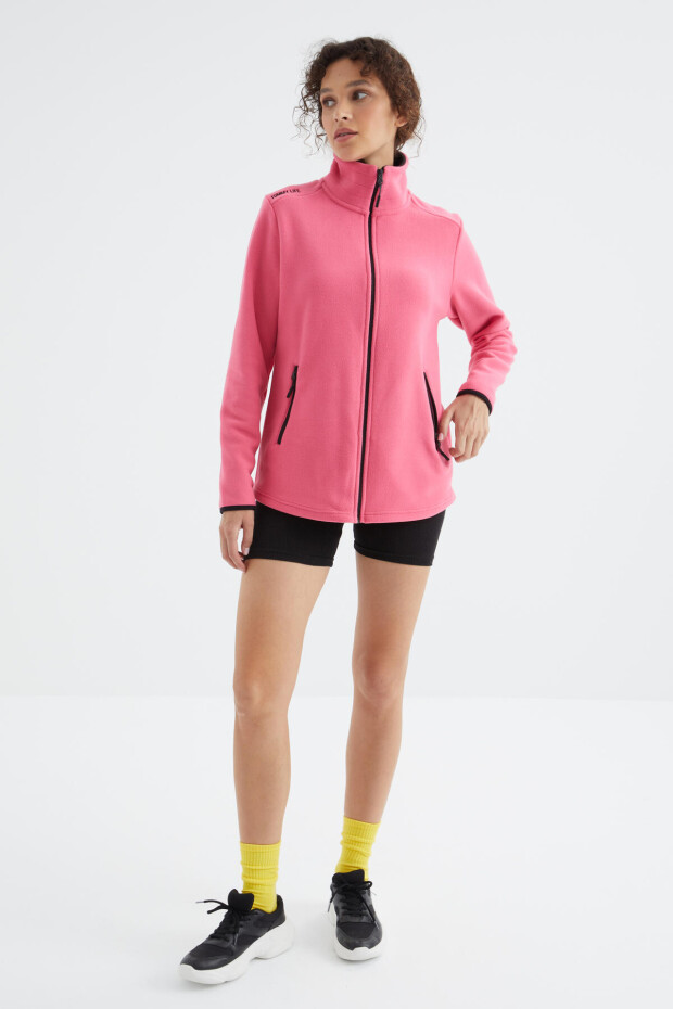 Fuşya Dik Yaka Fermuarlı Rahat Form Kadın Polar Sweatshirt - 97173 - 8