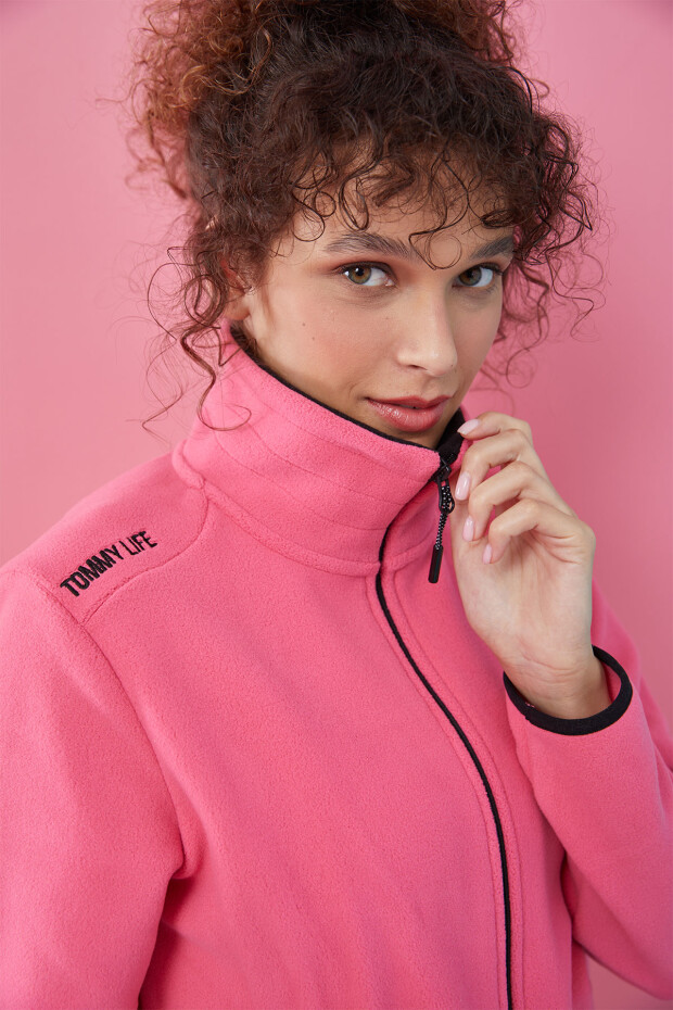 Fuşya Dik Yaka Fermuarlı Rahat Form Kadın Polar Sweatshirt - 97173 - 1