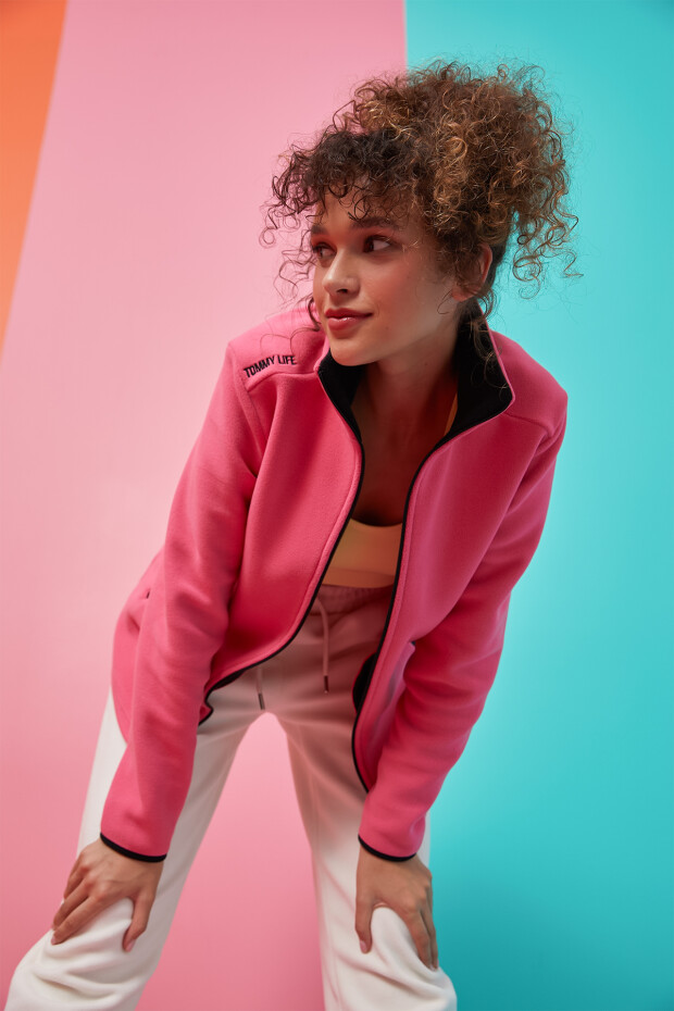 Fuşya Dik Yaka Fermuarlı Rahat Form Kadın Polar Sweatshirt - 97173 - 3