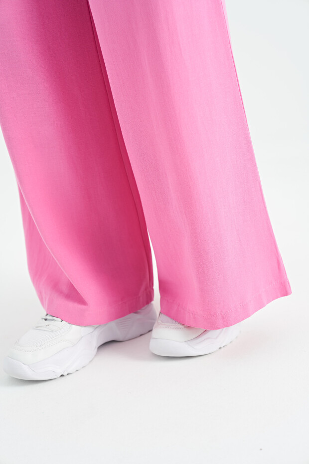 Fuşya İp Kemer Detaylı Rahat Kalıp Geniş Paça Kadın Pantolon - 02195