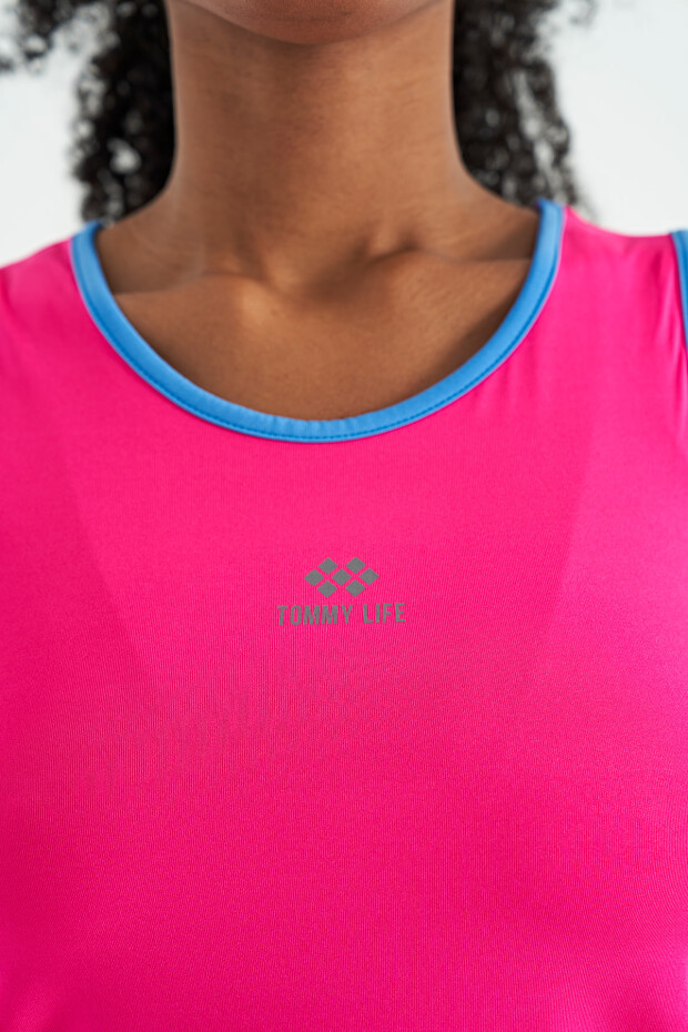 Fuşya Logo Baskılı Biye Şeritli Standart Kalıp Kadın Spor Atlet - 97255