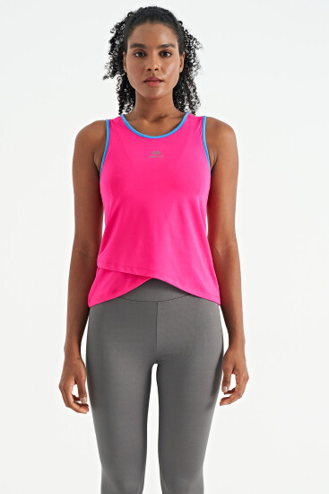 Fuşya Logo Baskılı Biye Şeritli Standart Kalıp Kadın Spor Atlet - 97255 - TOMMYLIFE (1)