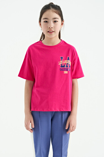Fuşya Ön Arka Baskılı O Yaka Oversize Kısa Kollu Kız Çocuk T-Shirt - 75127 