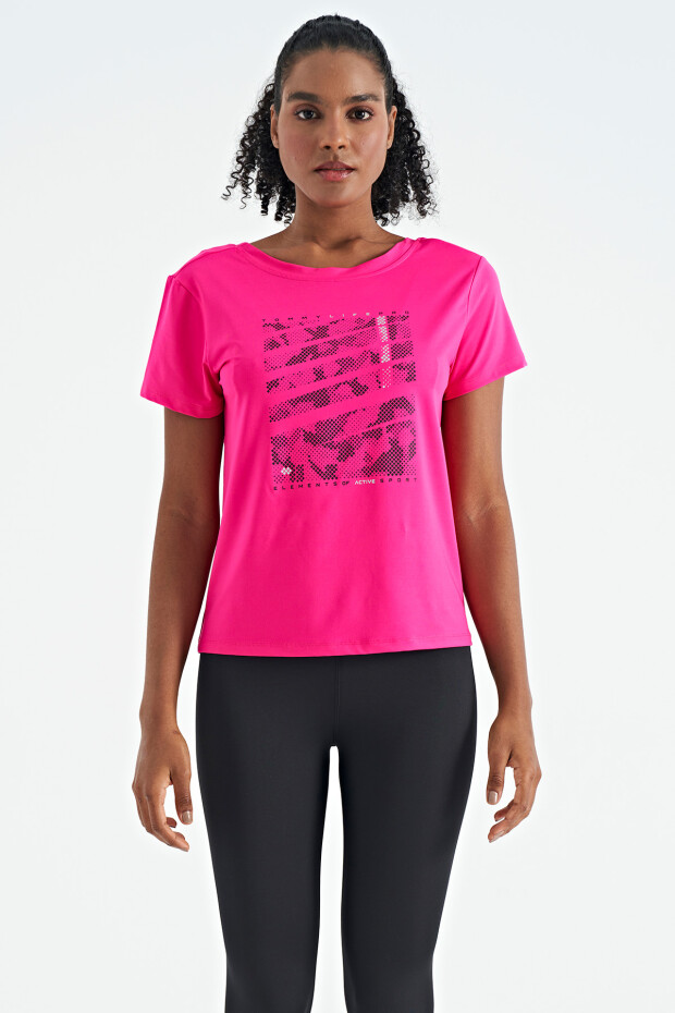 Fuşya Ön Baskılı Sırtı V Dekolteli Standart Kalıp Kısa Kollu Kadın Spor T-Shirt - 97264