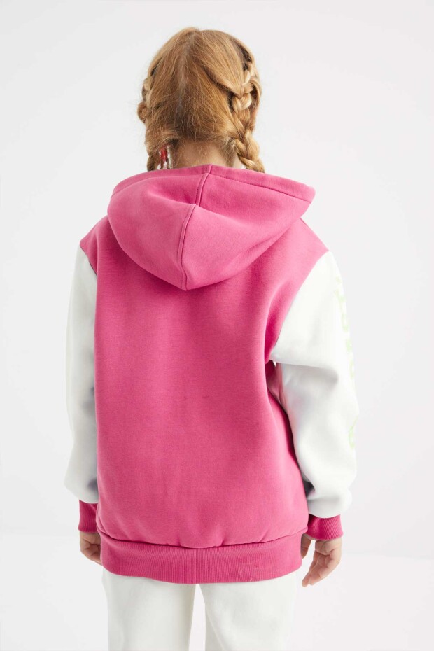 Fuşya Baskılı Fermuarlı Kapüşonlu Oversize Kız Çocuk Sweatshirt - 75094