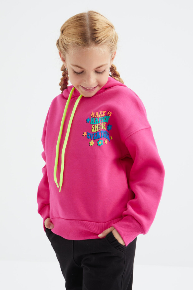 Fuşya Ön Ve Sırt Yazı Baskılı Kapüşonlu Oversize Kız Çocuk Sweatshirt - 75092