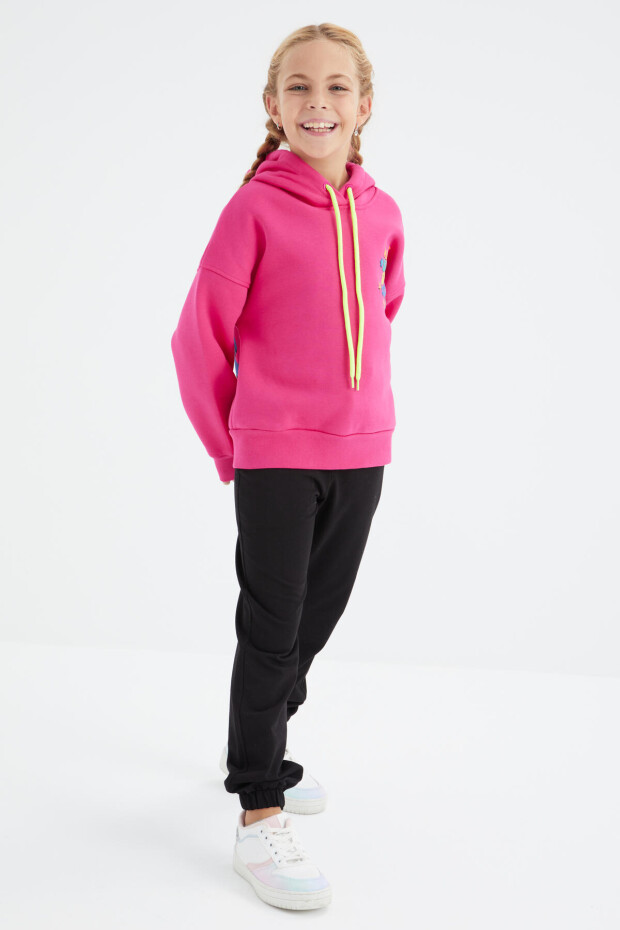 Fuşya Ön Ve Sırt Yazı Baskılı Kapüşonlu Oversize Kız Çocuk Sweatshirt - 75092