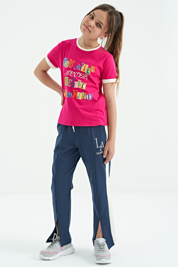 Fuşya Renkli Yazı Detaylı O Yaka Rahat Form Kız Çocuk T-Shirt - 75109