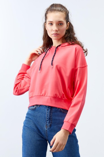 Fuşya Uzun Kol Rahat Form Kapüşonlu Kadın Sweatshirt - 97115 