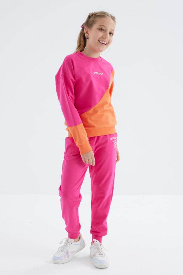 Fuşya Yazı Nakışlı İki Renkli Kız Çocuk Eşofman Takım - 75085
