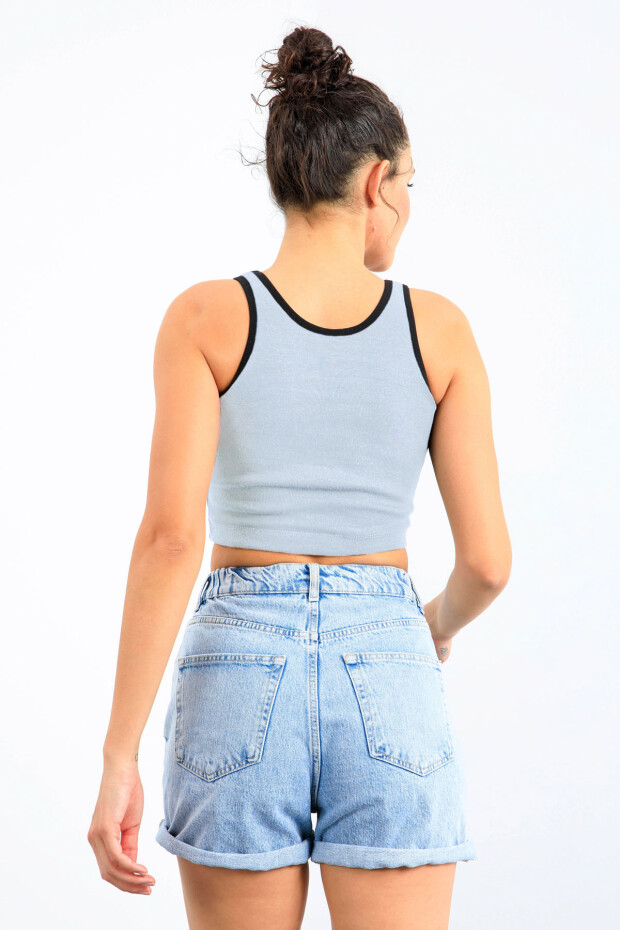 Gök Mavi Basic Sıfır Kol Dar Kalıp U Yaka Kadın Crop Top Atlet - 97162 - 3
