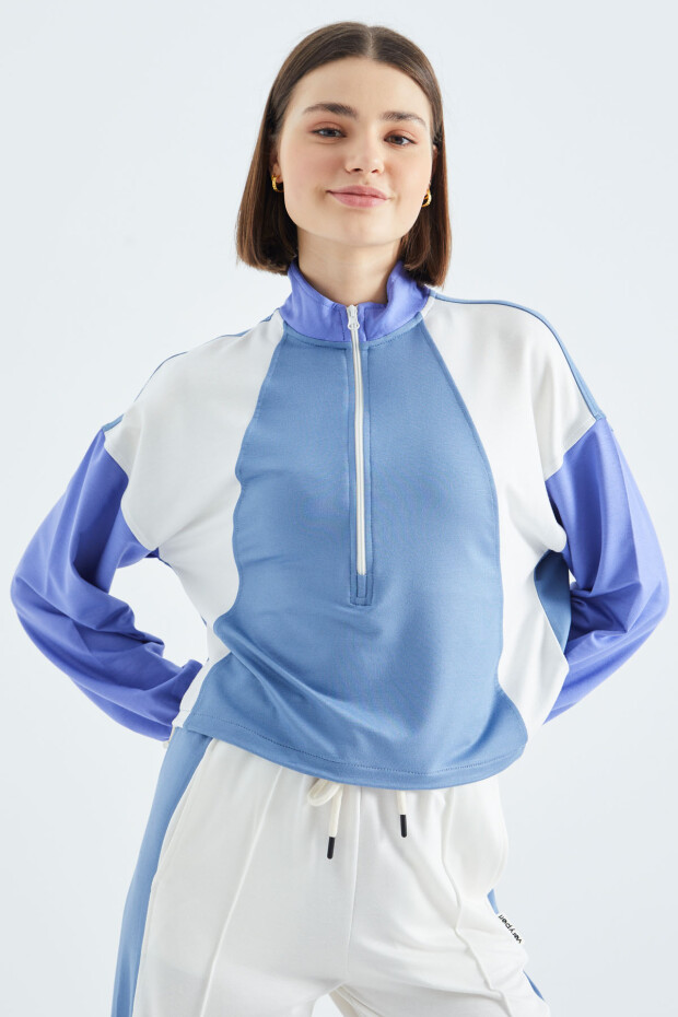 Gök Mavi Dik Yaka Yarım Fermuarlı Renk Bloklu Kadın Sweatshirt - 02380