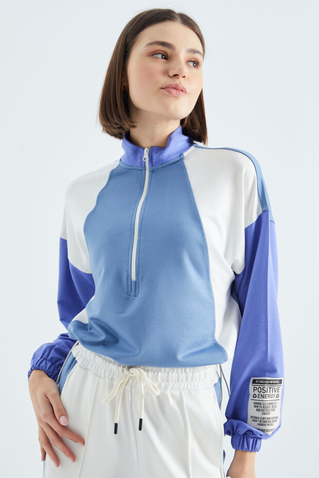 Gök Mavi Dik Yaka Yarım Fermuarlı Renk Bloklu Kadın Sweatshirt - 02380