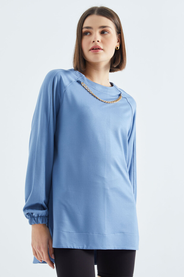 Gök Mavi O Yaka Zincir Detaylı Oversize Kadın Tunik Sweatshirt - 02383