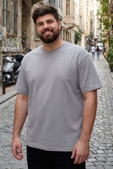 Gri Basic Kısa Kol O Yaka Büyük Beden Erkek T-Shirt - 88072 