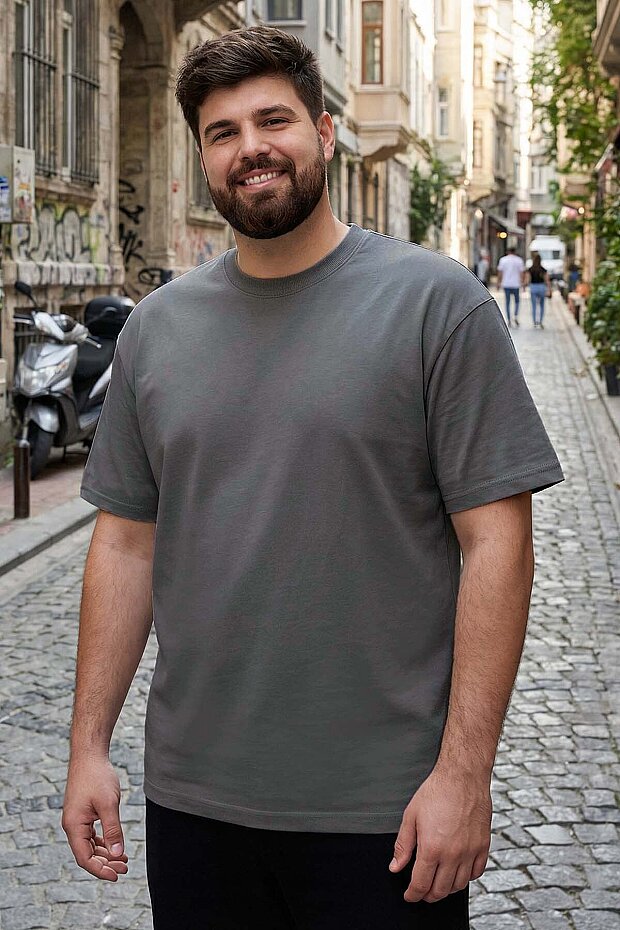 Gri Basic Kısa Kol O Yaka Büyük Beden Erkek T-Shirt - 88072 - 1