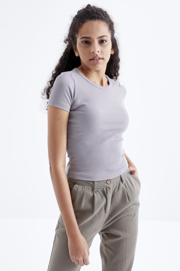 Gri Basic Kısa Kol O Yaka Kadın T-Shirt - 97202